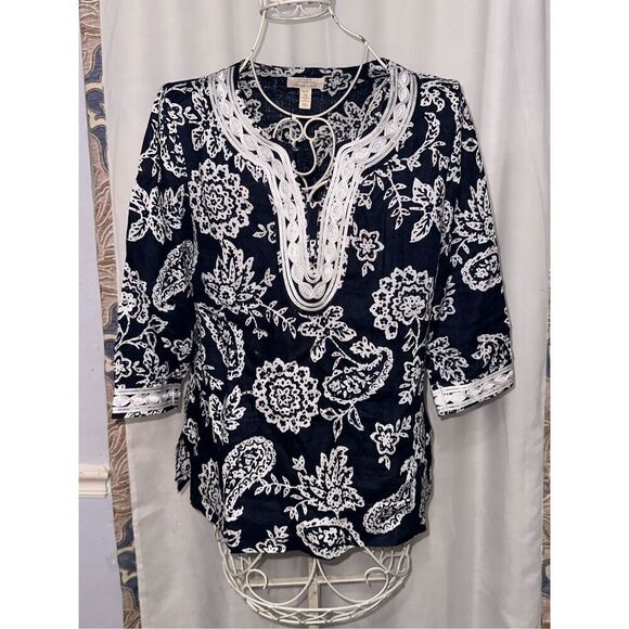 STUNNING CHARTER CLUB 100% LINEN Blue White Embellished 3/4 Sleeve Tunic Blouse - Picture 1 of 9